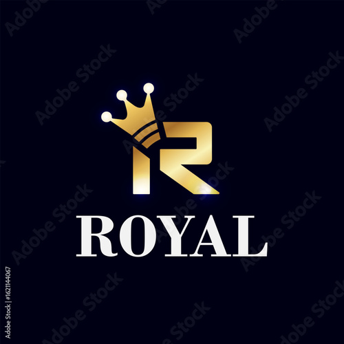 Golden R Monogram with Royal Crown Premium Vector Logo Design
