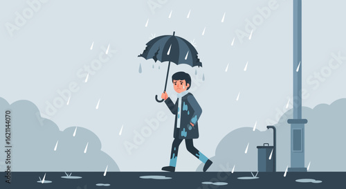 Feeling Blue Walking With Torn Umbrella On A Rainy Day Depressed Sadness
