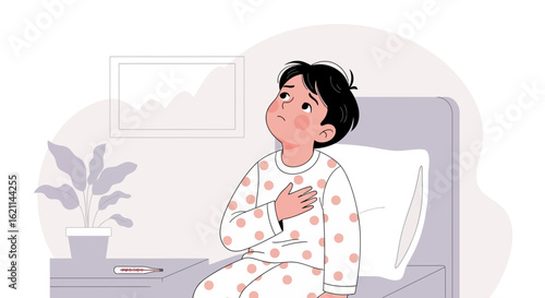 Feeling Unwell A Young Boy Sits With Discomfort And Fever In Bed