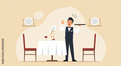 Embarrassed Waiter Dropping Food in A Fancy Restaurant, A Service Accident