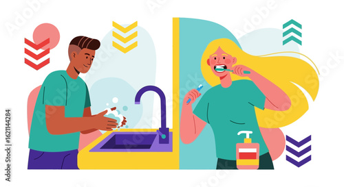 Daily Hygiene Practices Vector Illustration Featuring Hand Washing And Teeth Brushing