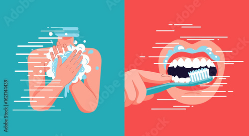 Daily Hygiene Routine Essential Body Wash And Toothbrushing Flat Illustration