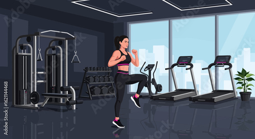 Female Athlete Performing High Knees Exercise at Modern Urban Gym
