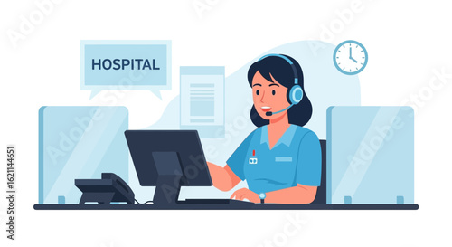 Female Doctor Using Headset With Microphone Working in Call Center Clinic