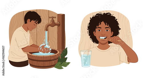 Daily Hygiene Routine Washing Hands And Brushing Teeth With Healthy Smiles