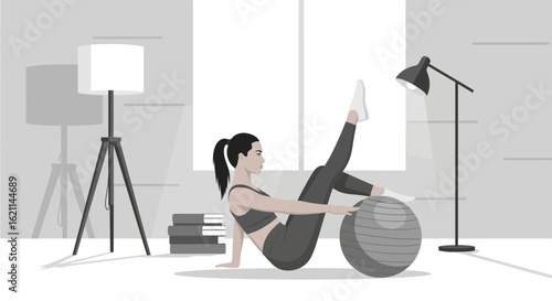 Female Engaged In Fitness Ball Exercises For Core Strengthening At Home