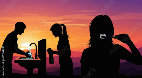 Daily Hygiene Routine Vector Silhouette People On Sunset Background