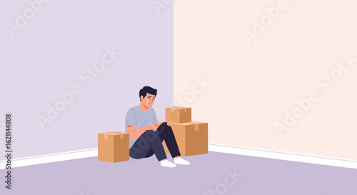 Emotional Relocation Sad Man Sitting With Boxes After Moving House