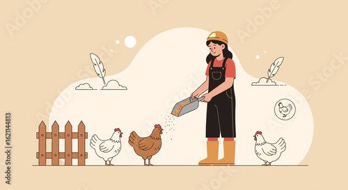 Female Farmer Feeding Chickens on a Farm Illustration for Agricultural Concepts