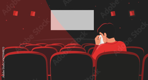 Emotional theater experience: Man deeply moved watching film on screen