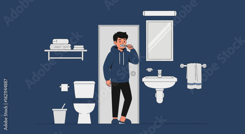 Daily Oral Hygiene A Young Man Brushing Teeth In The Minimalist Bathroom