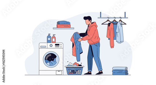 Daily Routine Man Doing Laundry at Home Vector Illustration Design