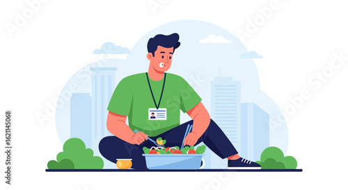 Employee Enjoying Healthy Lunch Outdoors Amidst Cityscape Setting Illustration