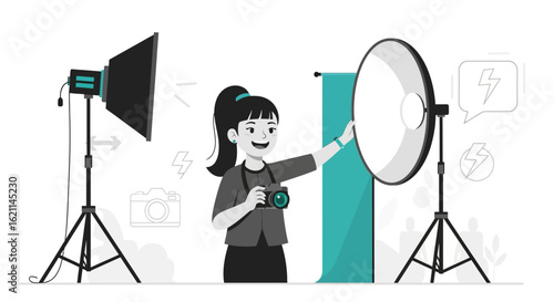 Female Photographer Adjusting Studio Lights For A Professional Photoshoot Session