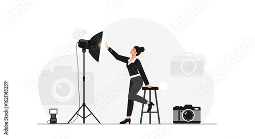 Female Photographer Prepares Lighting In Studio For Photoshooting Session