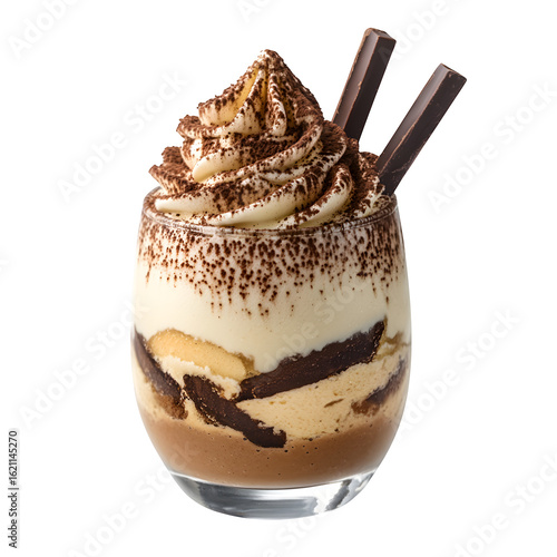 tiramisu frappe in a low-profile glass with cocoa dusted foam and chocolate stick, clean white backdrop