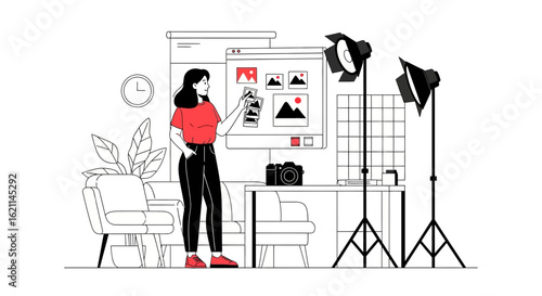 Female Photographer Reviewing Photos in a Home Studio with Lighting Equipment and Camera
