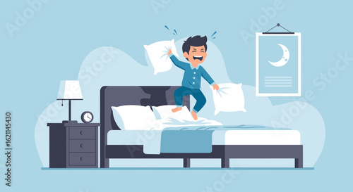 Energetic Boy Enjoying Pillow Fight on the Bed in His Bedroom Illustration