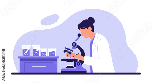 Female Scientist Analyzing Samples Under Microscope In A Medical Laboratory