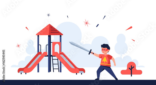 Energetic boy plays superhero at the vibrant playground with imagination and joy using a sword