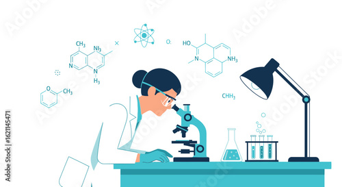 Female Scientist Examining Samples Under Microscope In Laboratory Modern Design