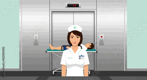 Dedicated Nurse Accompanies Patient On Gurney Inside Hospital Elevator Emergency Scenario