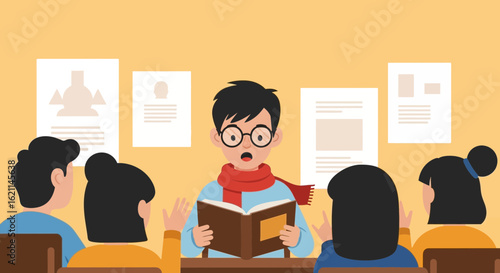 Engaging classroom scene with student reading aloud to attentive classmates portraying education and learning environment