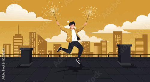 Festive Celebration on a Rooftop with Sparklers and Cityscape Background Display
