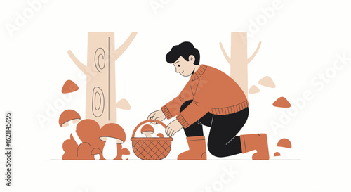 Delighted Man Gathering Mushrooms In Forest During Autumn Season Expedition