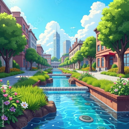 An urban park in Barcelona with a swimming pool and modern architecture, offering a summer view of the cityscape and palm trees