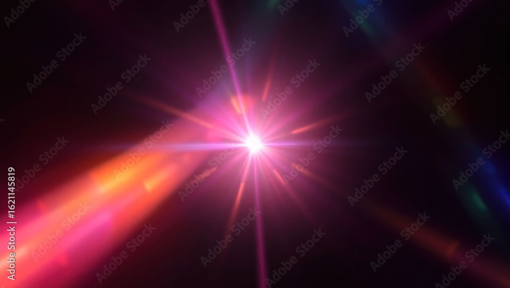Obraz premium Blurred rainbow refraction overlay effect. Light lens prism effect on black background. Holographic reflection, crystal flare leak shadow overlay. Colorful rainbow disco ball light