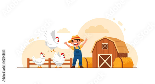 Delightful rural scene with a happy farmer and chickens near barn illustration