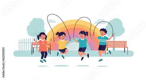 Delightful scene showcasing happy children skipping rope in a vibrant park setting