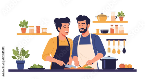 Delightful vector illustration showcasing a cheerful gay couple cooking in the kitchen