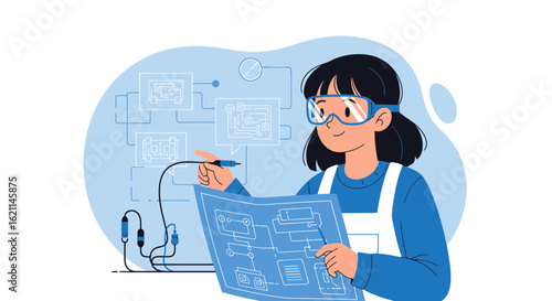 Engineering Innovation Female Architect Design with blueprint and technology