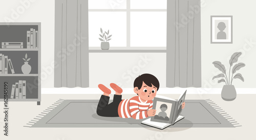 Engrossed Boy Reading A Book Lying On Rug In Living Room Interior
