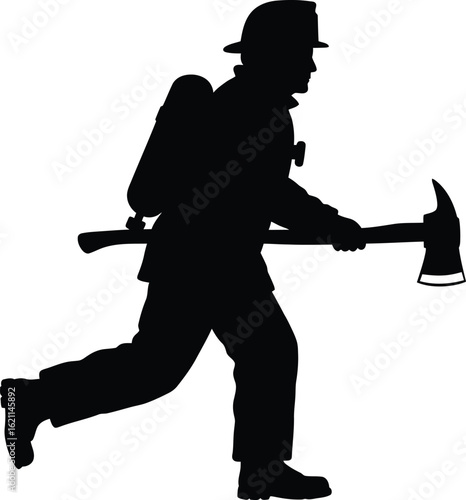 Silhouette of a firefighter running with an axe isolated on white background, representing bravery, service, and dedication in emergency situations