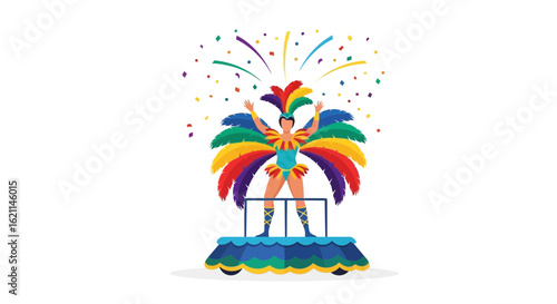 Festive parade performer in colorful feathered costume celebration and joy