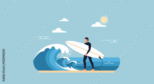 Enjoying Summer Adventures Surfer Walking On Beach Holding Surfboard Beside Waves