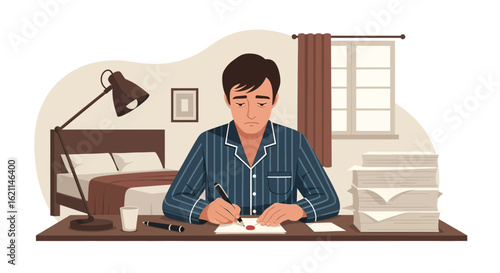 Depressed man in pajamas writing a letter with a pen in his bedroom scene