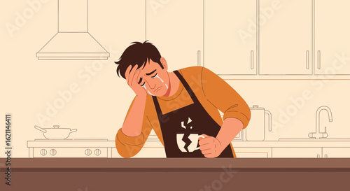 Depressed man in the kitchen holding broken mug reflecting emotional state and despair with kitchen background
