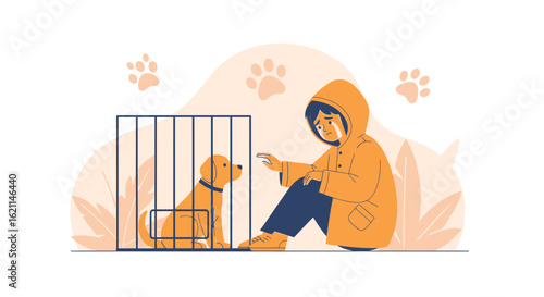 Depressed Child Looking At Dog In Cage Abandonment And Animal Rights Concept