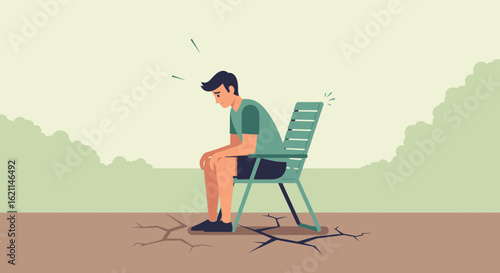 Depressed man sitting on a chair contemplating life during climate change crisis