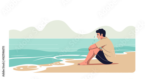 Desolate Figure Contemplating His Solitude By The Serene Sea Shore
