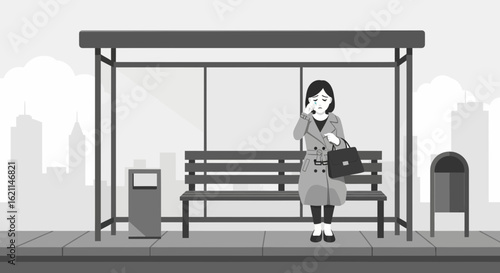 Despondent Woman At Bus Stop Crying Alone With Skyline Behind Her