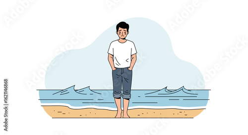 Despondent Young Man Standing Alone On A Beach Facing Loneliness And Sadness