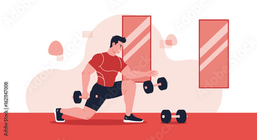 Determined Man Training With Dumbbells In Gym For Fitness Strength
