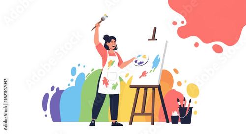 Enthusiastic female artist painting on canvas with colorful brushstrokes and rainbow backdrop