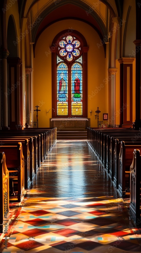 Fototapeta premium Sunlight streams through a magnificent stained glass rose window, casting vibrant colors on the polished marble floor of this serene Gothic cathedral interior with wooden pews