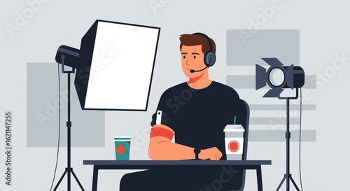 Digital Era: Professional Podcaster Broadcasting Live with Studio Equipment Setup